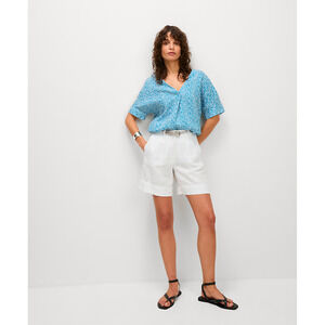 NWT M & S Pure Linen Popover Blouse UK24/US20 Blue Printed Relaxed Coastal